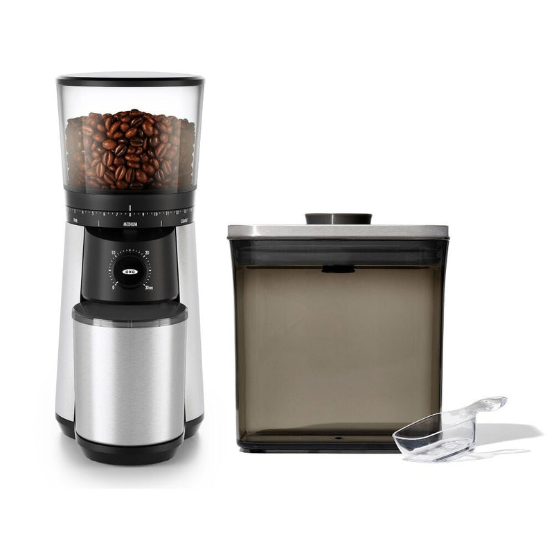 Conical Burr Coffee Grinder & Steel Coffee POP Container (1.7 Qt) with Scoop Bundle M2