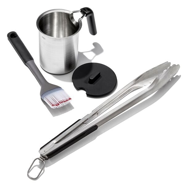 Grilling Basting Pot and Brush Set & Grilling Tongs with Built-In Bottle Opener Bundle L0