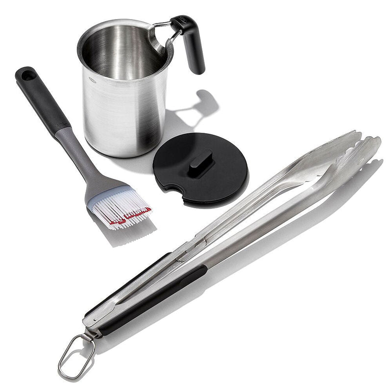 Grilling Basting Pot and Brush Set & Grilling Tongs with Built-In Bottle Opener Bundle L0