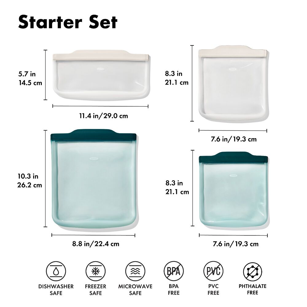 Silicone Reusable Bag - 4 Piece Starter Set - Oat/Lagoon M1